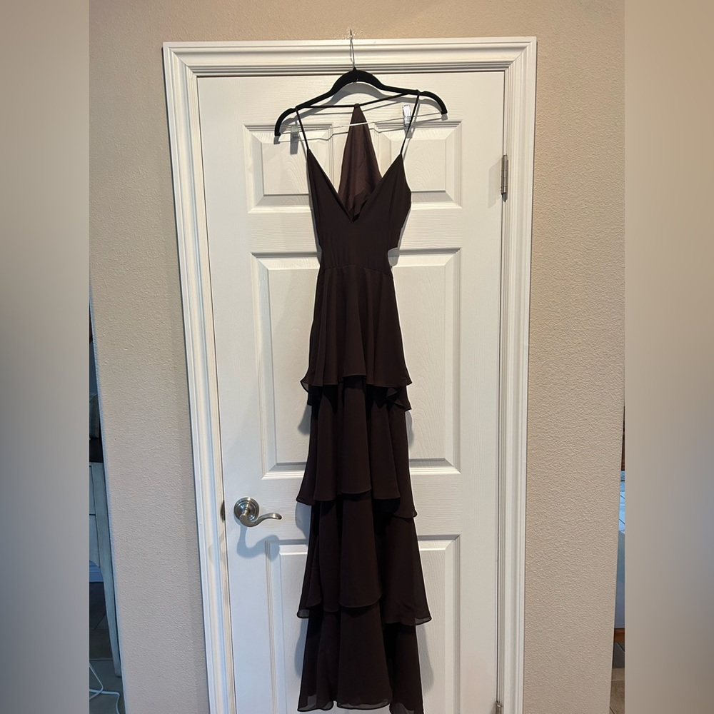 Elegant Lulu Brown Halter Maxi Dress, EUC, size Medium